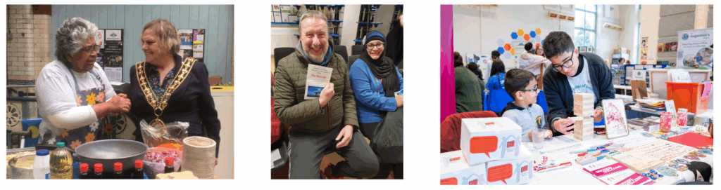 Pictures of our stall at a food gathering, two of our trustees at our nativity play and our member of staff playing Jenga with a child.