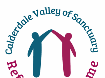 Two people forming a house shape with their extended arms, surrounded by the words Calderdale Valley of Sanctuary Refugees Welcome