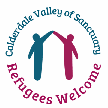 Two people forming a house shape with their extended arms, surrounded by the words Calderdale Valley of Sanctuary Refugees Welcome