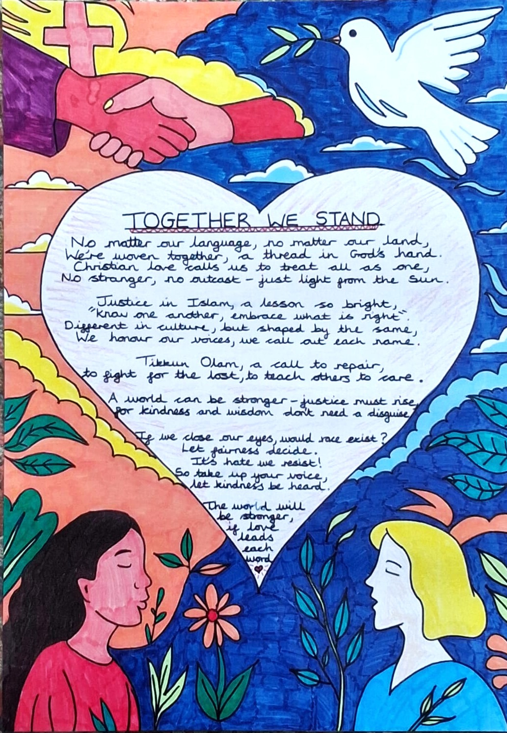 A Year 6 I.M, pupil at Adderley Primary School, wrote a poem ‘Together we Stand’ in consolidation with the School of Sanctuary’s priority of embedding cultural diversity into their ethos and ensuring families feel safe and accepted. Our school feels that we must be aware, have empathy and take on our role of global responsibility for refugees and immigrants who are suffering displacement, persecution and turmoil in their lives.