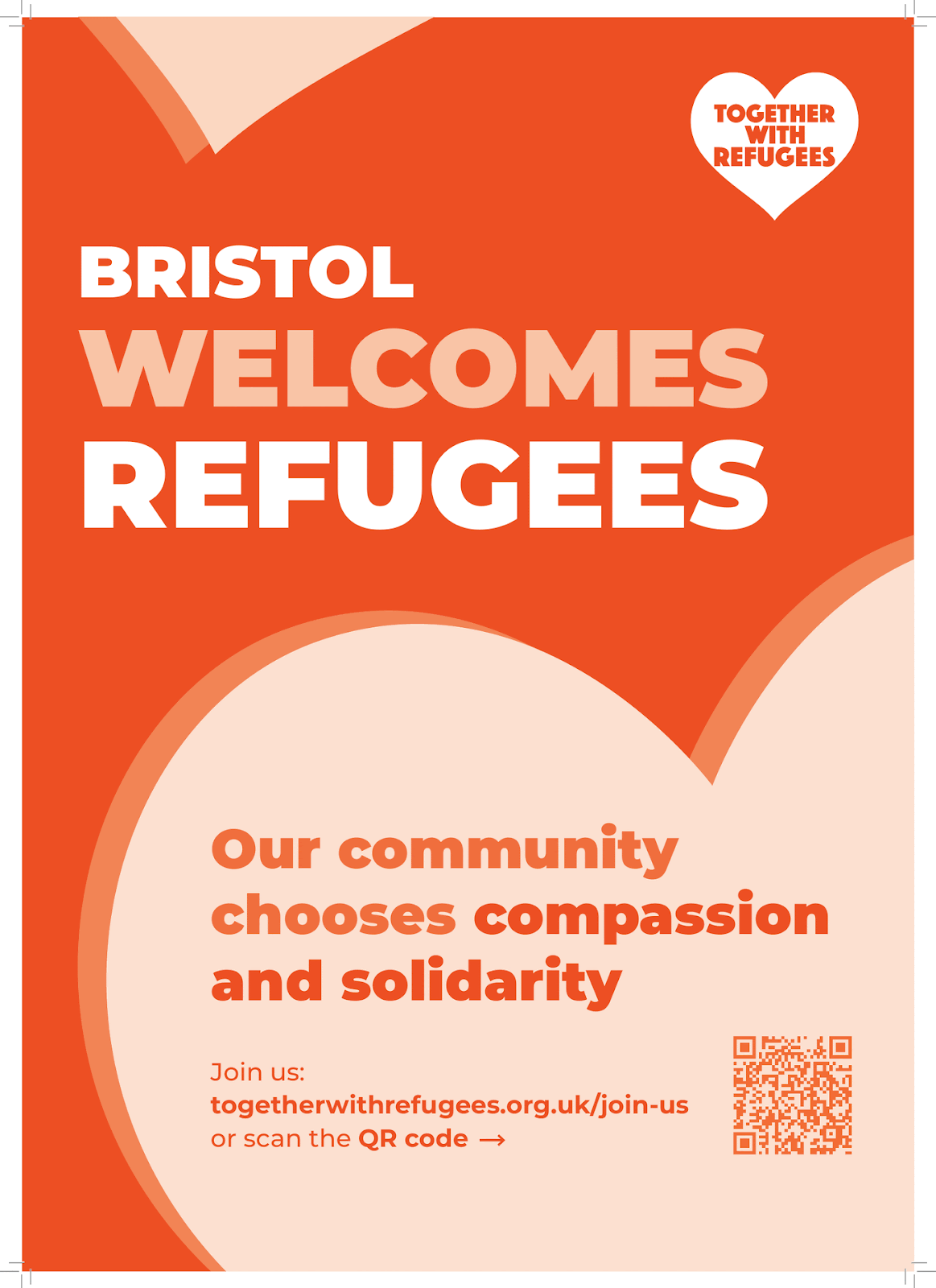 Gif of an orange poster with a big heart on it that shows posters from numerous places (Walthomstow, Bristol, Kent) announcing that they Welcome Refugees.